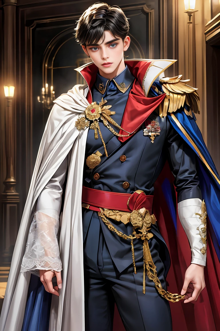 
masterpiece, 最high quality, high quality, 1 boy, alone, Male focus, Watching the audience,  Messy black hair, Adorable big blue eyes, White people, Noble, Noble,Sexy voluminous cape、vampire、A very voluminous, large, very large, very large, long, long red and black cape with a high stand-up collar, made of a lot of fabric that reaches down to the floor., 17 years old,Cute beautiful boys,Cute, cute, kind, handsome guy