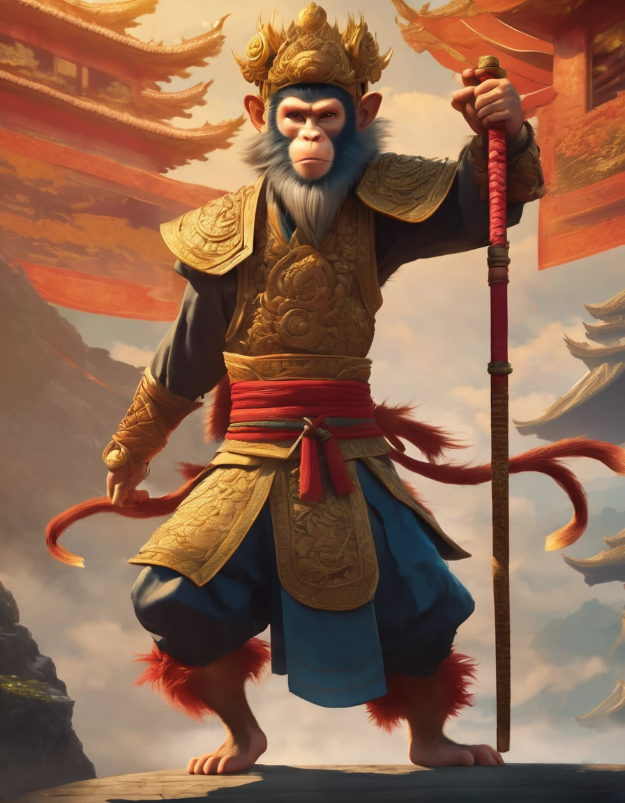 CINEMATIC concept art of the Monkey King from Journey to the West, Chinese background, dynamic pose, intricate details,