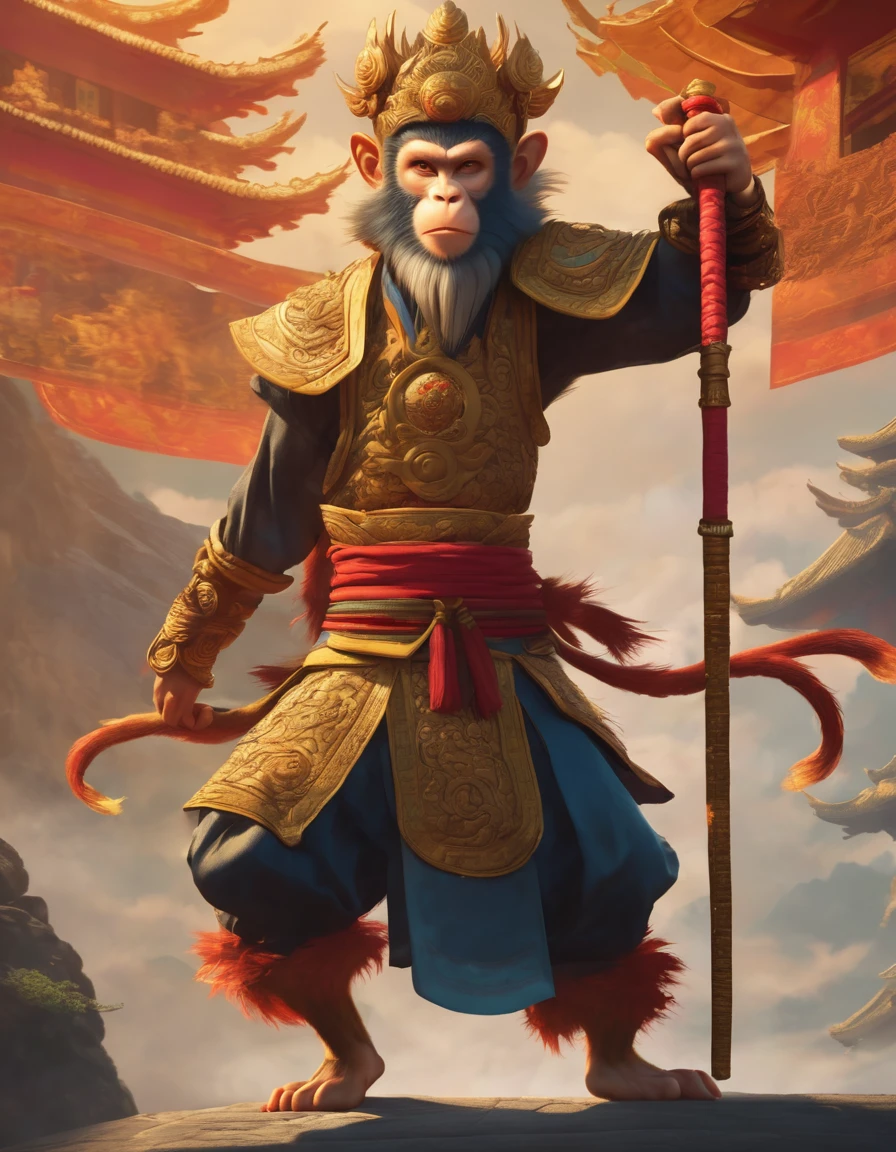 CINEMATIC concept art of the Monkey King from Journey to the West, Chinese background, dynamic pose, intricate details,