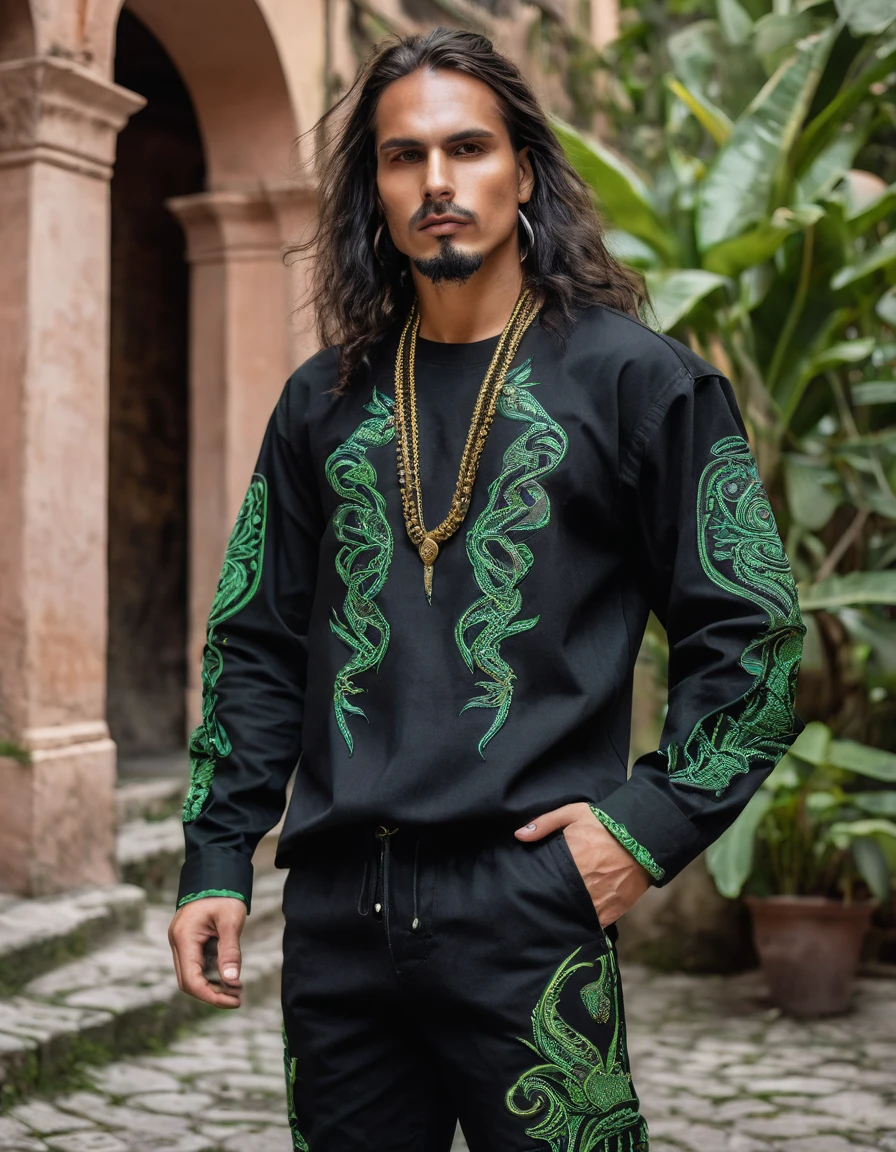 Masculine Man Rocker and Metalhead Preferences: baggy clothes, comfort, death or black metal costumes and performances.
-Elements to Incorporate:Fabrics with indigenous motifs, necklaces, sleeves, straps with fabrics and embroidery of animals and plants.
Design:Long sleeve round neck shirt in black with green details, golden or vinotinto.
-Details: Bordados de serpientes y símbolos espirituales en las sleeves y el cuello
Pantalón:
-Material: Denim or resistant fabric.
-Color:Black with details on the pockets.
Footwear:
-Type:Unicolor tennis shoes in neutral tones.
Reasons: Makeup that imitates snake scales, with patterns around the eyes and on the cheeks.
