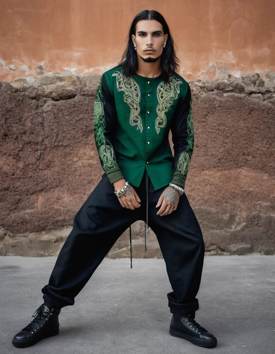 Masculine Man Rocker and Metalhead Preferences: baggy clothes, comfort, death or black metal costumes and performances.
-Elements to Incorporate:Fabrics with indigenous motifs, necklaces, sleeves, straps with fabrics and embroidery of animals and plants.
Design:Long sleeve round neck shirt in black with green details, golden or vinotinto.
-Details: Bordados de serpientes y símbolos espirituales en las sleeves y el cuello
Pantalón:
-Material: Denim or resistant fabric.
-Color:Black with details on the pockets.
Footwear:
-Type:Unicolor tennis shoes in neutral tones.
Reasons: Makeup that imitates snake scales, with patterns around the eyes and on the cheeks.