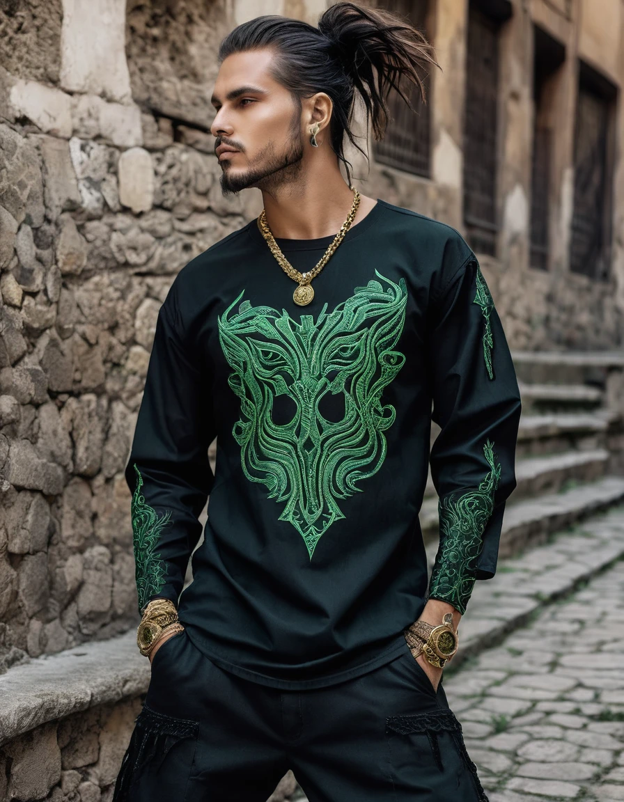 Masculine Man Rocker and Metalhead Preferences: baggy clothes, comfort, death or black metal costumes and performances.
-Elements to Incorporate:Fabrics with indigenous motifs, necklaces, sleeves, straps with fabrics and embroidery of animals and plants.
Design:Long sleeve round neck shirt in black with green details, golden or vinotinto.
-Details: Bordados de serpientes y símbolos espirituales en las sleeves y el cuello
Pantalón:
-Material: Denim or resistant fabric.
-Color:Black with details on the pockets.
Footwear:
-Type:Unicolor tennis shoes in neutral tones.
Reasons: Makeup that imitates snake scales, with patterns around the eyes and on the cheeks.

