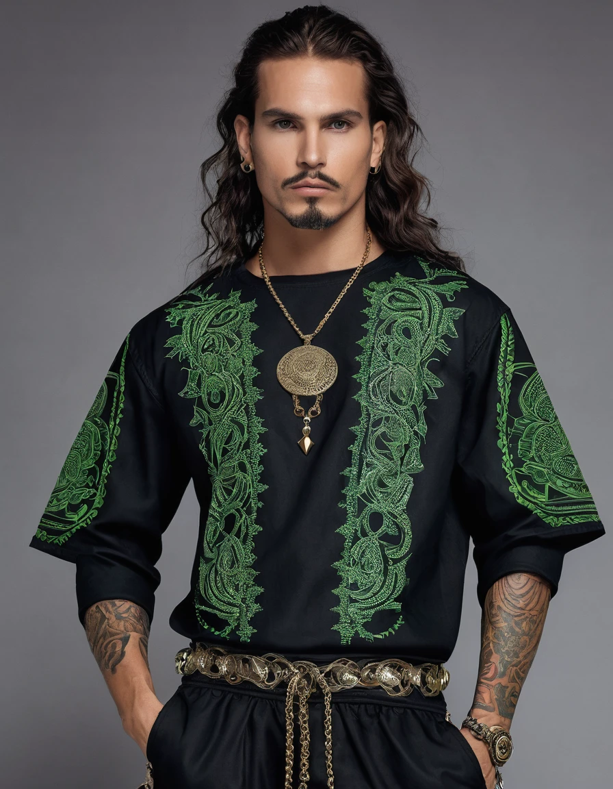 Masculine Man Rocker and Metalhead Preferences: baggy clothes, comfort, death or black metal costumes and performances.
-Elements to Incorporate:Fabrics with indigenous motifs, necklaces, sleeves, straps with fabrics and embroidery of animals and plants.
Design:Long sleeve round neck shirt in black with green details, golden or vinotinto.
-Details: Bordados de serpientes y símbolos espirituales en las sleeves y el cuello
Pantalón:
-Material: Denim or resistant fabric.
-Color:Black with details on the pockets.
Footwear:
-Type:Unicolor tennis shoes in neutral tones.
Reasons: Makeup that imitates snake scales, with patterns around the eyes and on the cheeks.