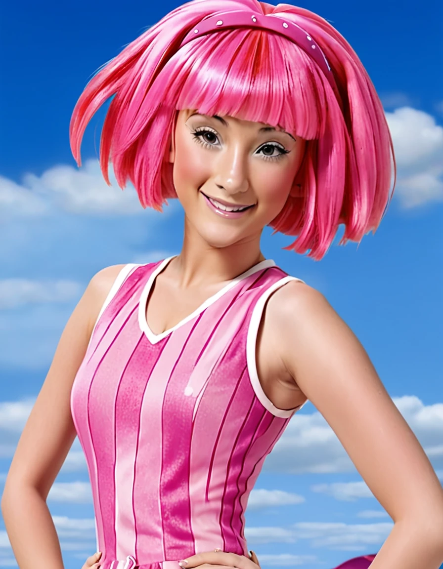 stephanie, lazy town, with pink hair and a pink wig, stripped dress
