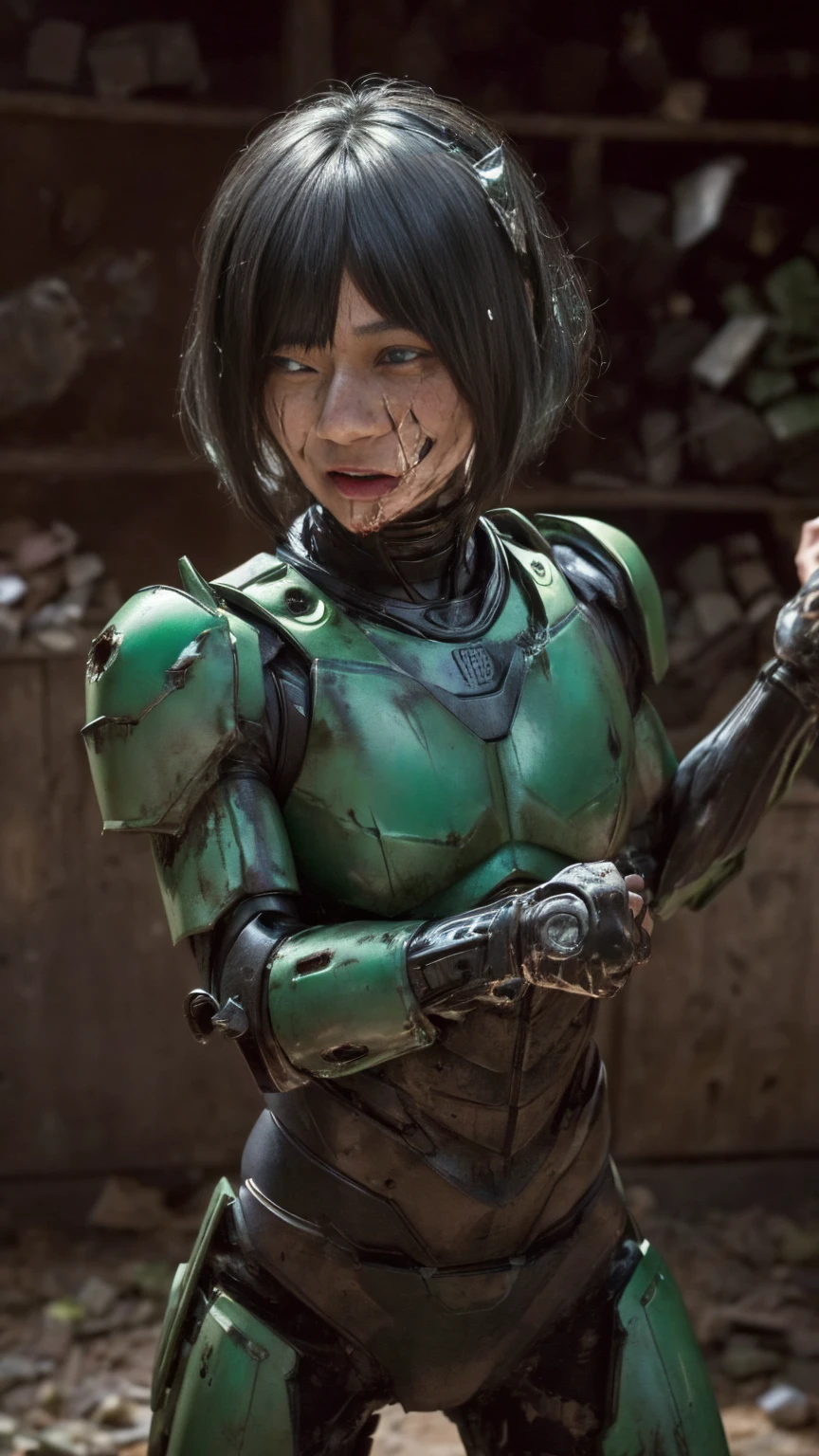 , Advanced Details, high quality, 最high quality, High resolution, 1080P 、傷口からのBleeding、Sexy Eyes、Wearing green and black、cute((The whole body is sweating))(Equipped with a damaged battle suit....)(Dark green armor)(Broken Armor)Black Hair、((Middle-aged women)) Chiquita、short hair、Open your mouth、Painful expression、It hurts again、　I was thrown against the wall、Head gear is broken.　)) flying debris　bare hands　Armor Stripping　Bleeding　