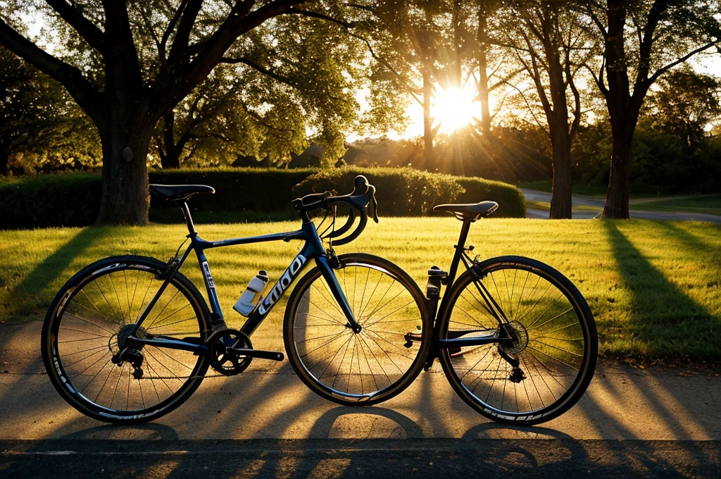 there is a bike parked on the side of the road, bicycle in background, bicycle, bicycles, perfect detail, taken at golden hour, morning golden hour, crisp details, beautiful sunny day, portrait shot, summer morning light, sun is shining, perfect crisp sunlight, environmental shot, evening at dusk, hard morning light, mixed art, the sun is shining