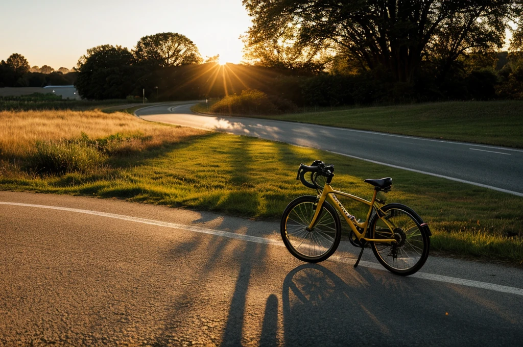 there is a bike parked on the side of the road, bicycle in background, bicycle, bicycles, perfect detail, taken at golden hour, morning golden hour, crisp details, beautiful sunny day, portrait shot, summer morning light, sun is shining, perfect crisp sunlight, environmental shot, evening at dusk, hard morning light, mixed art, the sun is shining