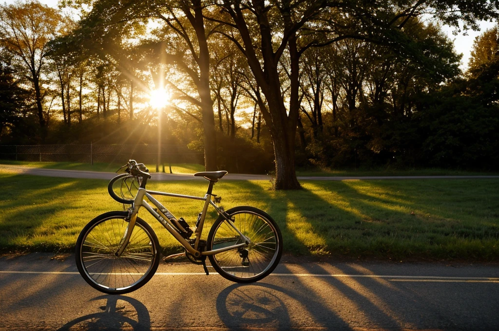 there is a bike parked on the side of the road, bicycle in background, bicycle, bicycles, perfect detail, taken at golden hour, morning golden hour, crisp details, beautiful sunny day, portrait shot, summer morning light, sun is shining, perfect crisp sunlight, environmental shot, evening at dusk, hard morning light, mixed art, the sun is shining