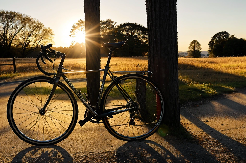 there is a bike parked on the side of the road, bicycle in background, bicycle, bicycles, perfect detail, taken at golden hour, morning golden hour, crisp details, beautiful sunny day, portrait shot, summer morning light, sun is shining, perfect crisp sunlight, environmental shot, evening at dusk, hard morning light, mixed art, the sun is shining