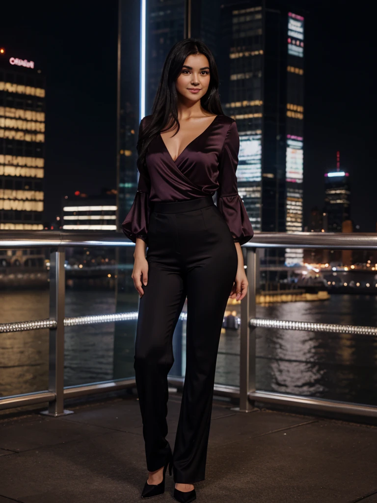 generated a full body of a 21 years old young woman with dark black hair, medium size chest, innocent expression, With a shy smile, Set against the glittering lights of New York City at night, a model flaunts a pair of wide-leg black pants paired with a chic satin blouse in a deep burgundy hue. The blouse has a wrap design with a plunging neckline and billowing sleeves, adding a touch of drama to the sophisticated look. The flowing silhouette of the pants and blouse enhances the glamour of the nighttime skyline