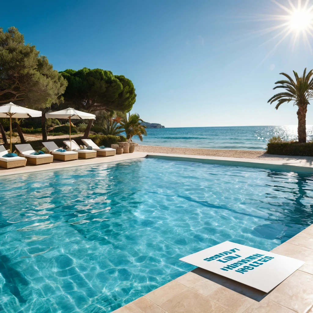Captures an image from different angles of a swimming pool in which there are white rectangular signs in the water without any text, all posters are the same, In the center of the pool, a fat, smiling Santa Claus bathing in sunglasses floats in the water., very happy and holding a very large blank sign without text in his hands above his head. All the action takes place under a bright sun on a Mediterranean beach with impressive lighting for a perfect shot. Professional photography, 8k, RAW photo, The best quality, masterpiece, photorealistic, Highly detailed, cinematic lighting, sharp focus, réflex digital, high resolution, photorealistic,