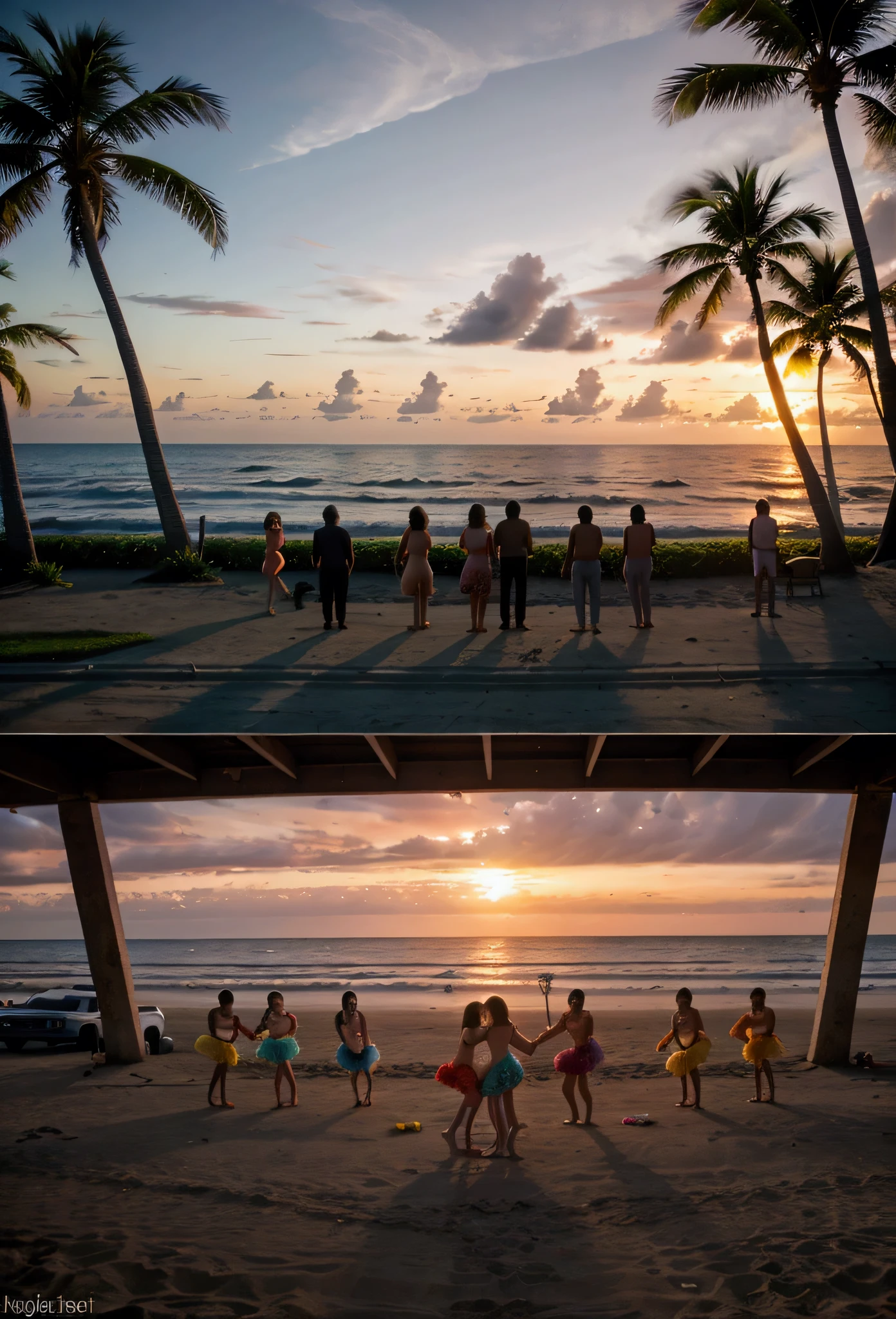 Group of young people, 50s, beachfront, luau, dancing. sunset, cars parked nearby.
