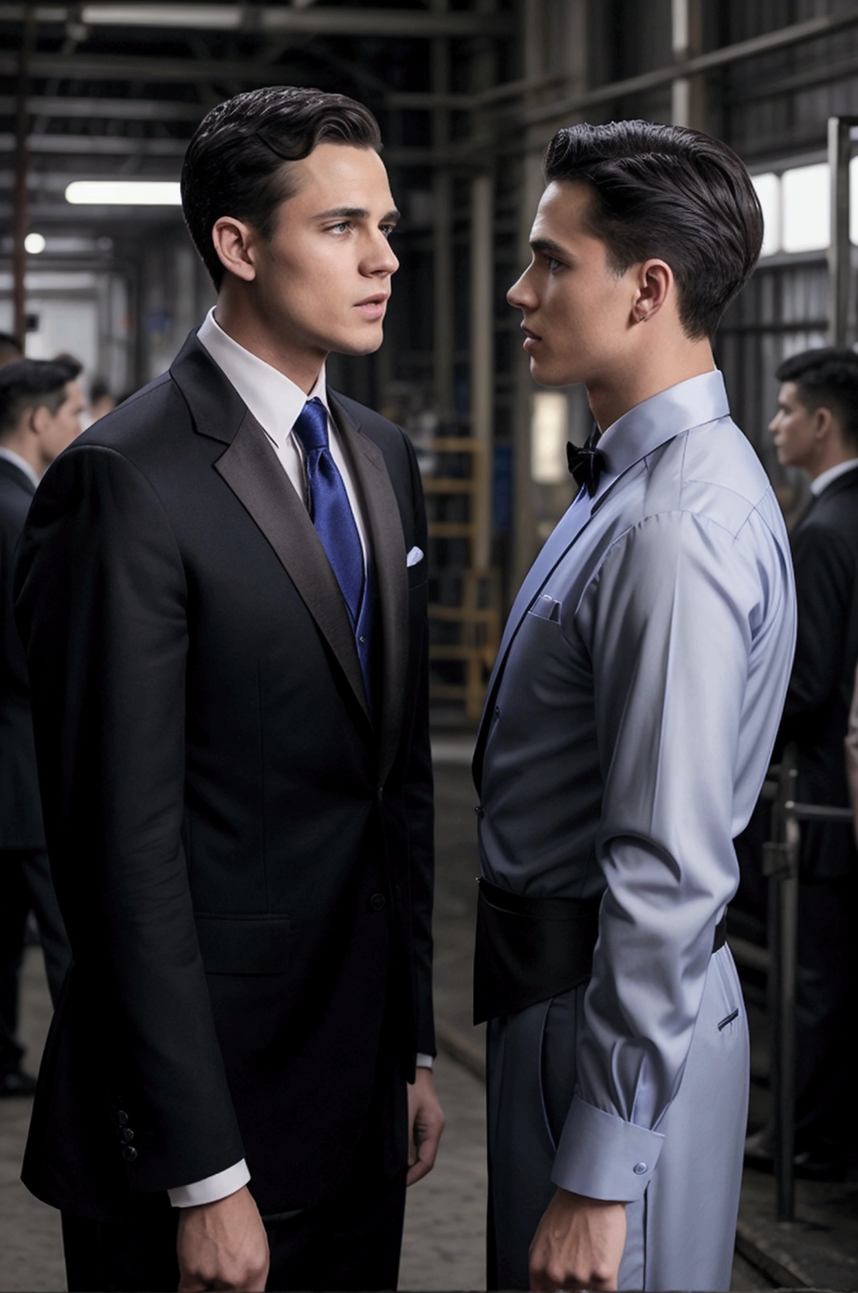a man talking to another man. The first man is indignant and he is young and in formal gowns. The second man is older, looking like a business owner. The scene behind is a crowded factory