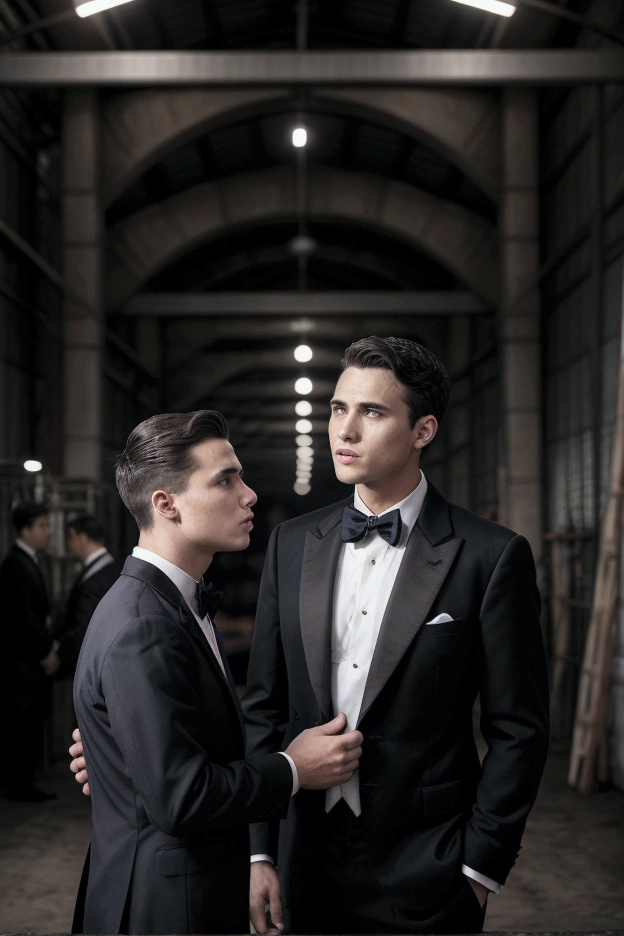 a man talking to another man. The first man is indignant and he is young and in formal gowns. The second man is older, looking like a business owner. The scene behind is a crowded factory
