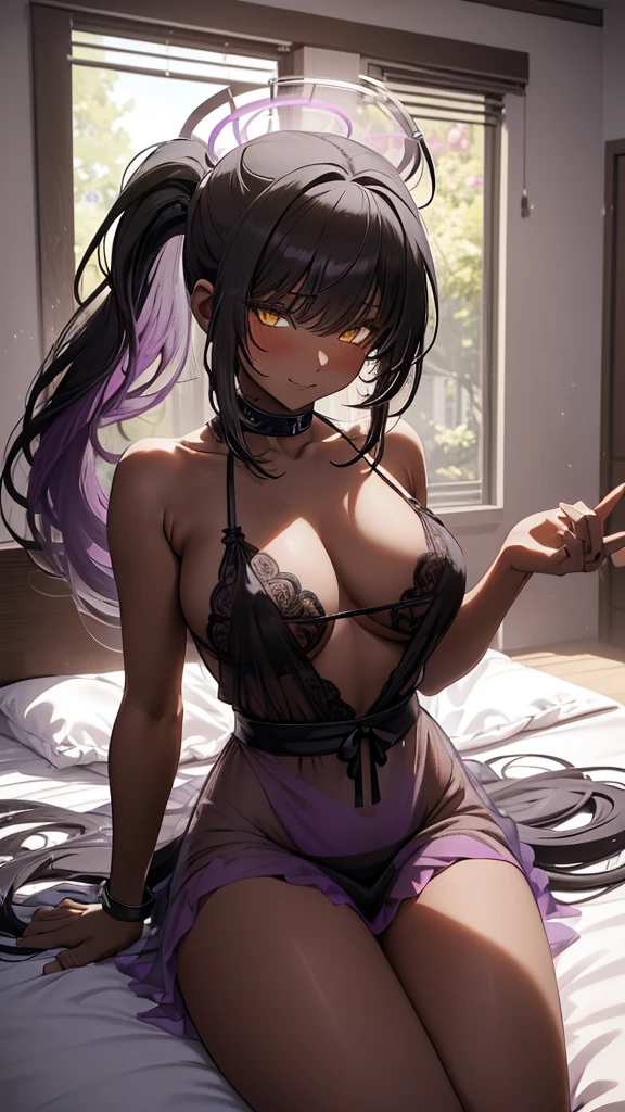Masterpiece, best quality, ((long black hair, pony tail)), halo, bangs, yellow eyes, (((purple negligee))), big tits, see through nipples, ((soft pink areola)), seducting pose, (((excellent anatomy : 1.2))), little smile, blushing, looking at viewer, chokers, soft lighting, ((morning situation, waking up))