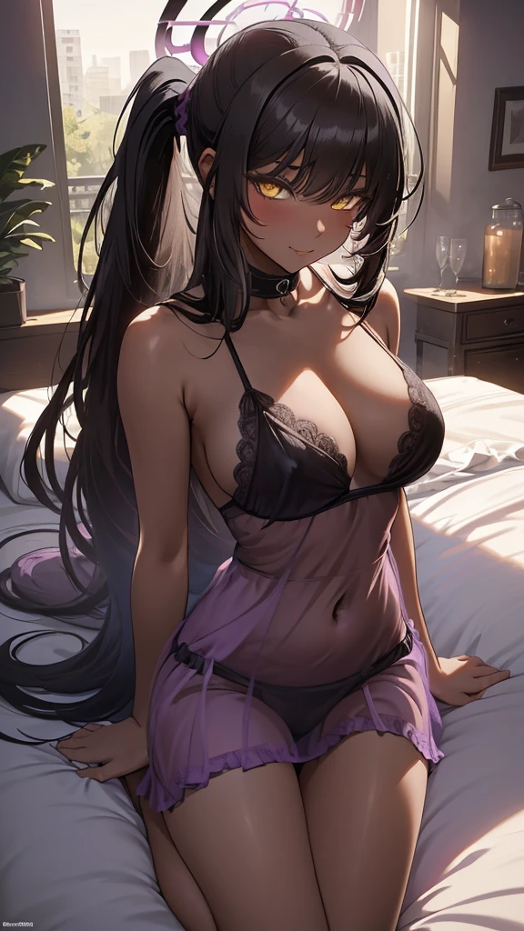 Masterpiece, best quality, ((long black hair, pony tail)), halo, bangs, yellow eyes, (((purple negligee))), big tits, see through nipples, ((soft pink areola)), seducting pose, (((excellent anatomy : 1.2))), little smile, blushing, looking at viewer, chokers, soft lighting, ((morning situation, waking up)) 