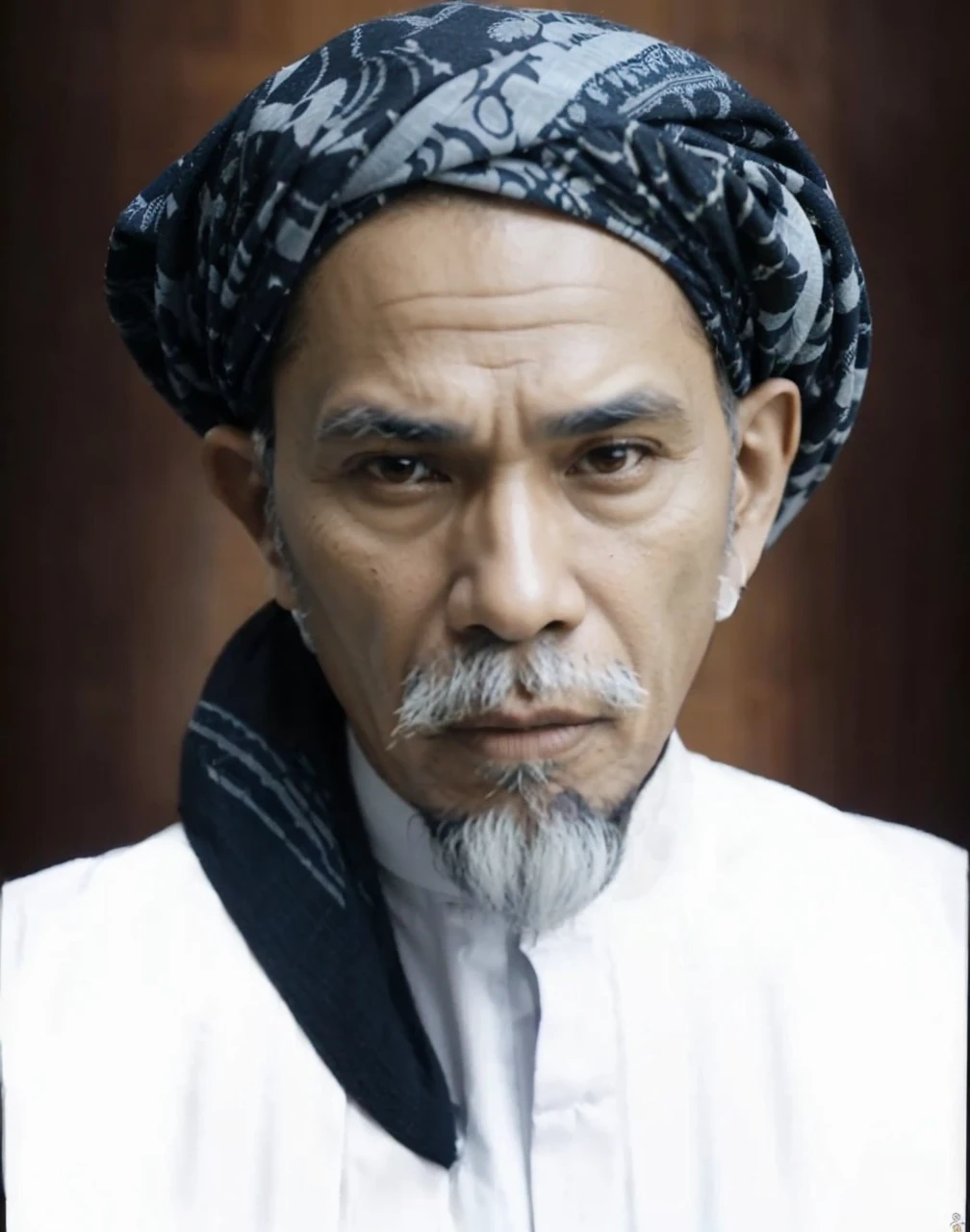 Indonesian Muslim man, 65 years old, naturally wrinkled brown skin appropriate for age, wearing a dark blue patterned turban. white Islamic clothes, oval face, tall nose, long ears, thick gray eyebrows, clear black eyes, slightly thick lower lip, thick white mustache and long beard, closed mouth. HD quality realistic images.
