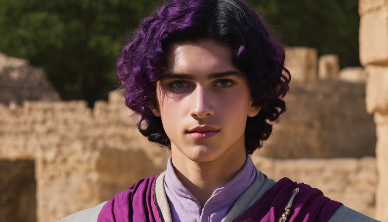 A ager with short wavy black hair, the ends of his hair are purple, he has an archaeological historian outfit, he has one black eye and one pink eye.