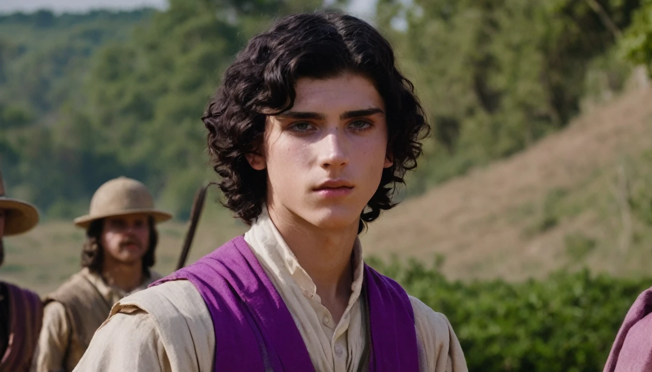 A ager with short wavy black hair, the ends of his hair are purple, he has an archaeological historian outfit, he has one black eye and one pink eye.