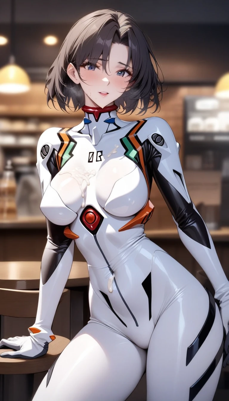 masterpiece, best quality, very aesthetic, absurdres, 1girl, mature_lady,(cum_on_body:1.2),neon genesis evangelion, rebuild of evangelion, white bodysuit,pilot suit,interface headset,turtleneck,,ada wong(resident evil),  1girl, short hair,black hair, hair behind ear,,in a cafe,blur background,background defocus,