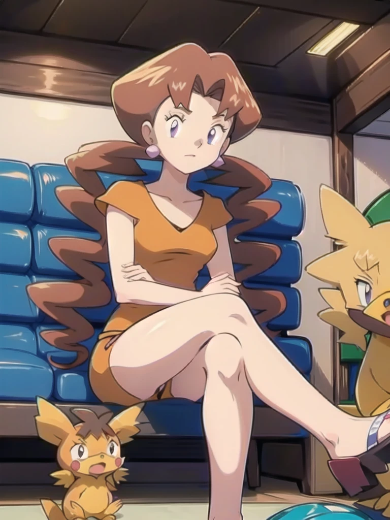 1girl, solo, sitting, looking_down, crossed_legs, crossed_arms, masterpiece, high quality, best quality, Caroline_(pokemon)