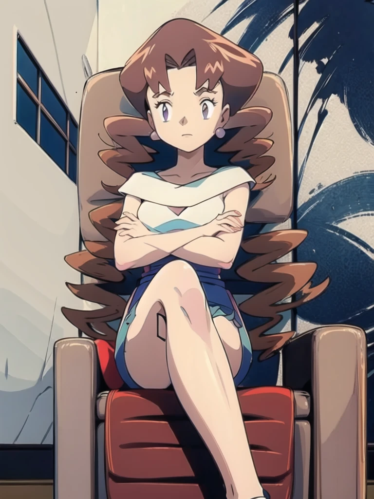 1girl, solo, sitting, looking_down, crossed_legs, crossed_arms, masterpiece, high quality, best quality, Caroline_(pokemon)