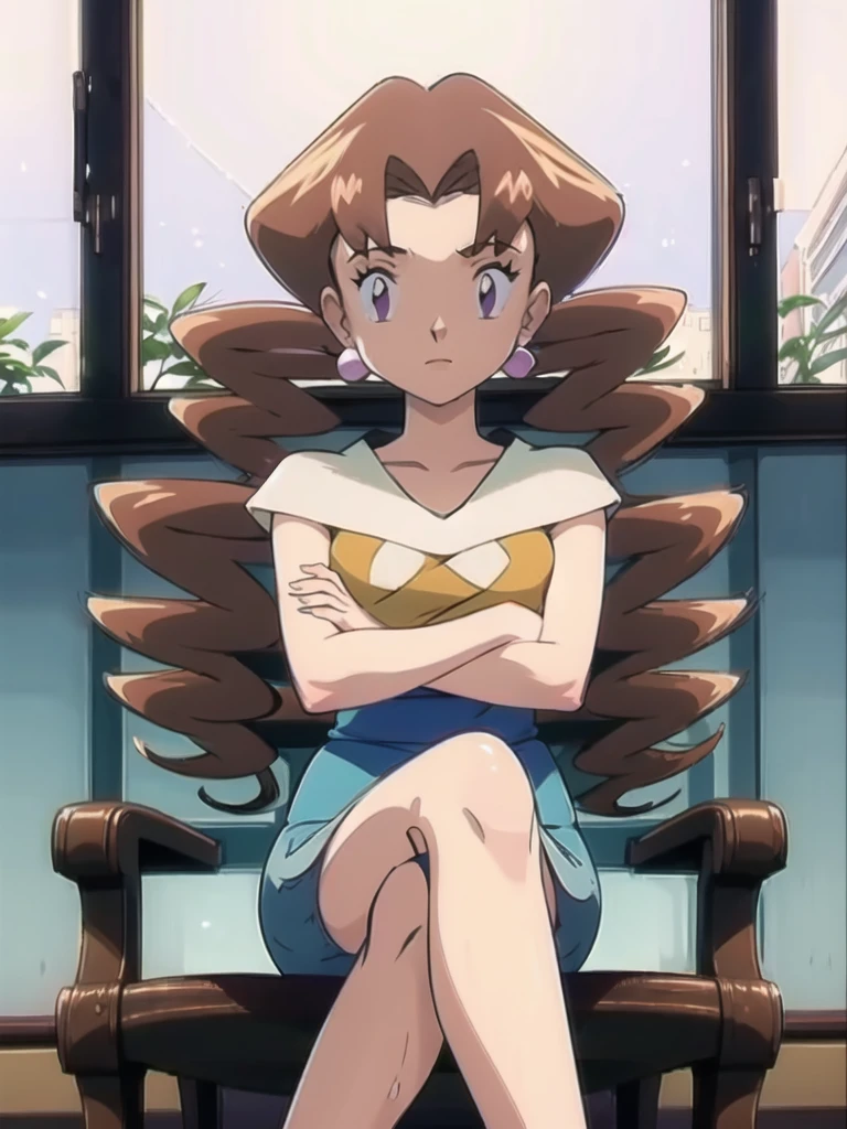 1girl, solo, sitting, looking_down, crossed_legs, crossed_arms, masterpiece, high quality, best quality, Caroline_(pokemon)