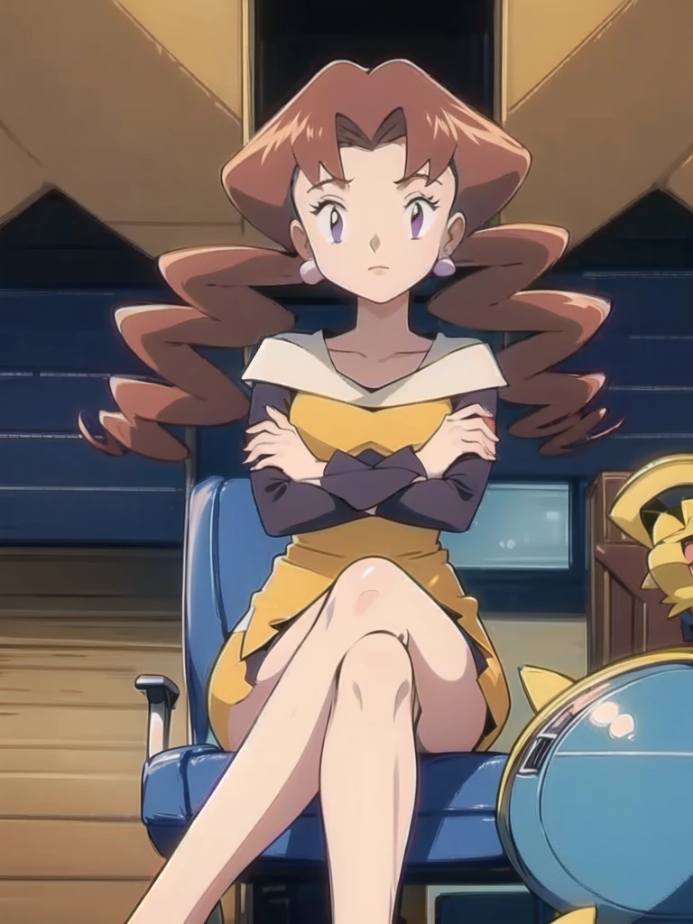 1girl, solo, sitting, looking_down, crossed_legs, crossed_arms, masterpiece, high quality, best quality, Caroline_(pokemon)