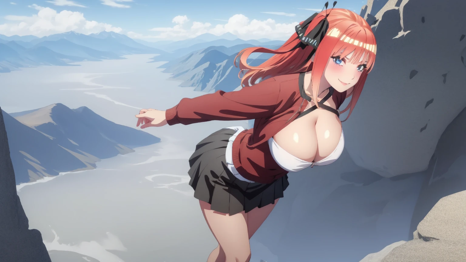 1 girl, very big breasts, very sexy body, 1 girl in, a smile, looks at the viewer, black shirt, super short white school miniskirt, full body, giant breasts, cleavage, giant breasts, heels, background in the mountains 1 girl , with big breasts. long legs QUEEN huge tits, (cleavage), high legs, (standing), sexy and muscular body. short skirt.4k hd