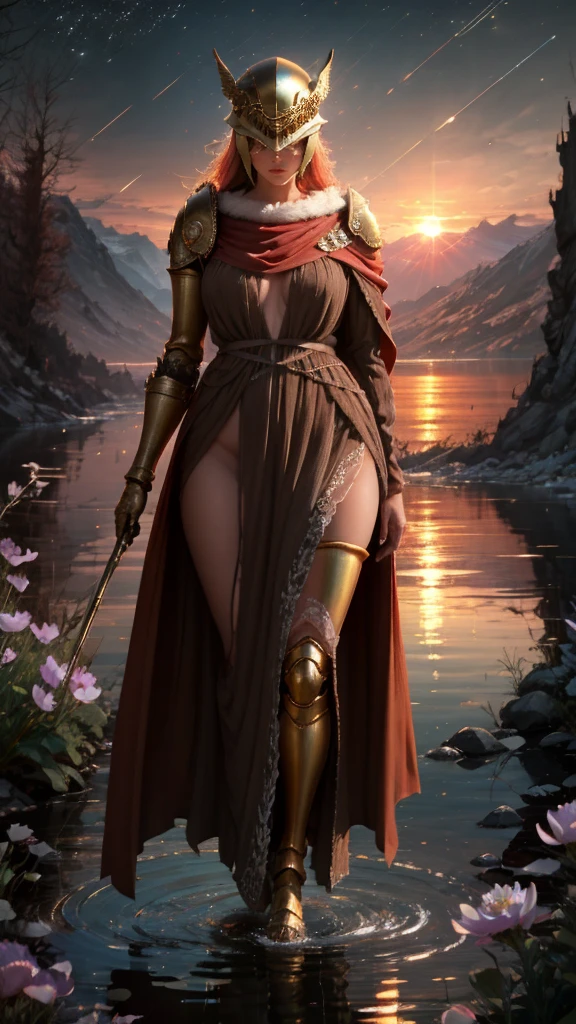 High Quality, Masterpiece, beautiful, Malenia, prothestic leg, single mechanical arm, prosthesis, armor, cape, helmet, brown silk dress, full body, wide shot, flower, water, solo, sunset, stylebuff, night, (dark environment), brown thorn-woven dress, valley of withered flowers, ancient sculptures around it, figure hugging, very small breasts