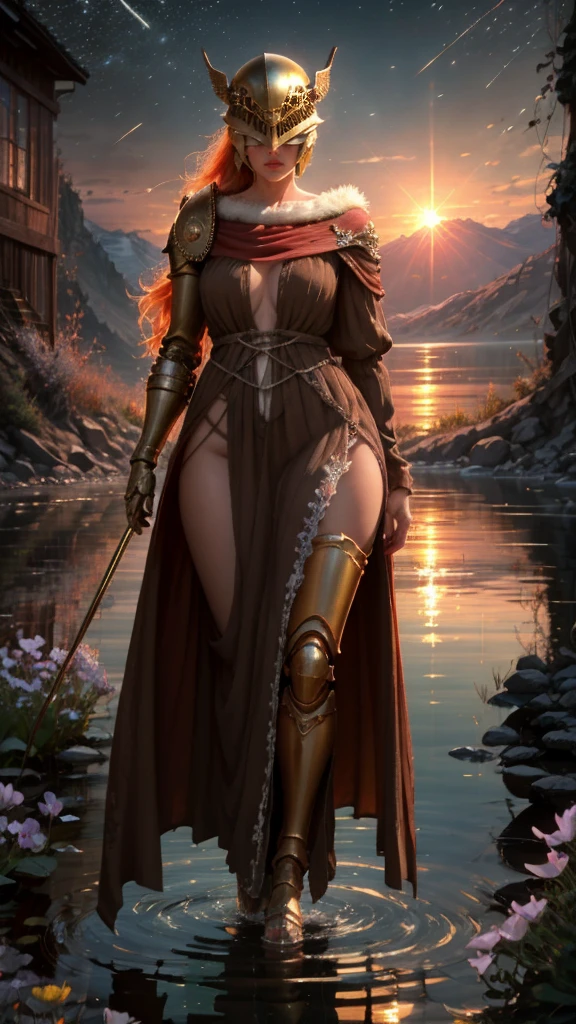  High Quality, Masterpiece, beautiful, Malenia, prothestic leg, single mechanical arm, prosthesis, armor, cape, helmet, brown silk dress, full body, wide shot, flower, water, solo, sunset, stylebuff, night, (dark environment), brown thorn-woven dress, valley of withered flowers, ancient sculptures around it, figure hugging, very small breasts