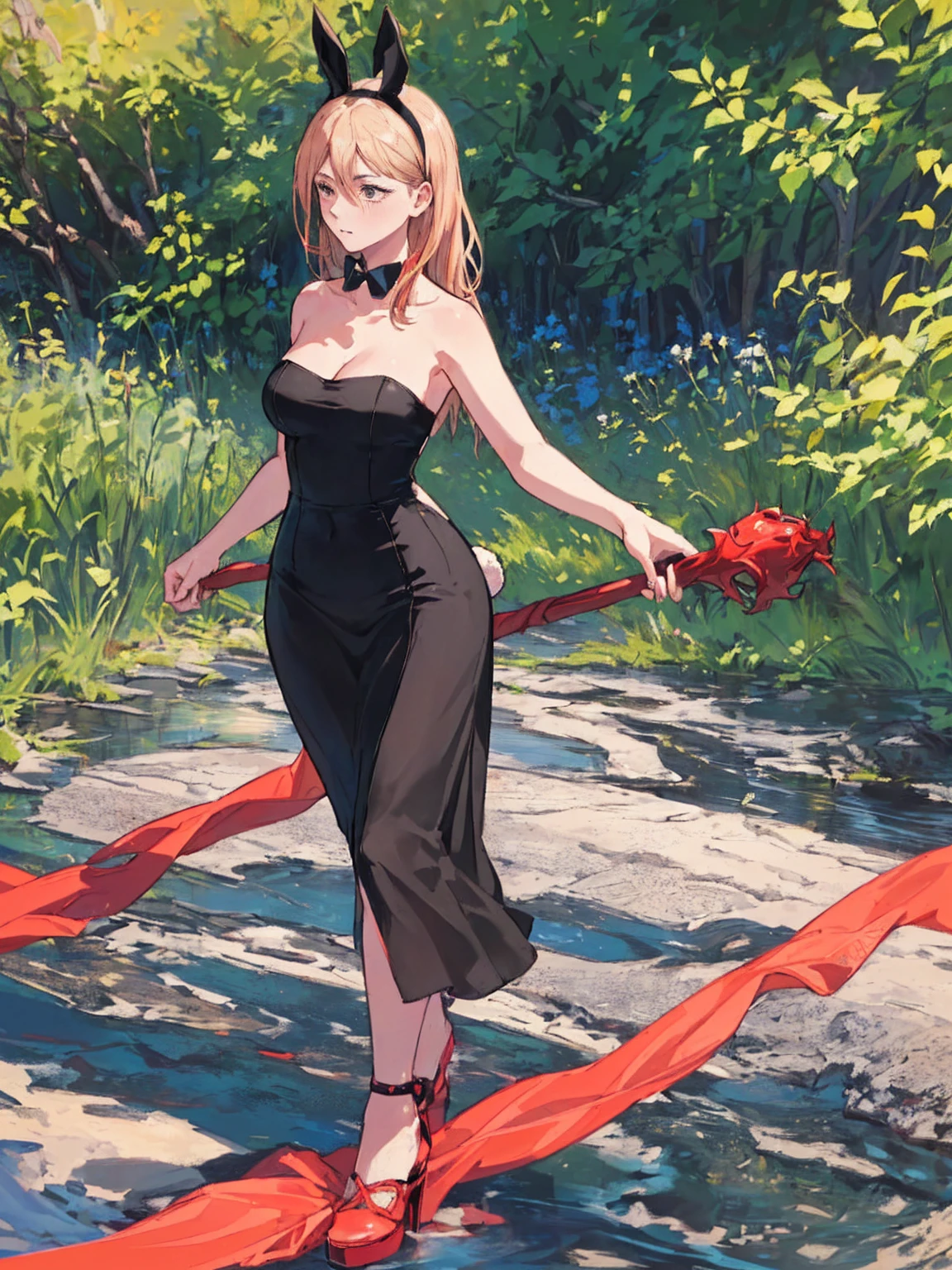 ((１woman:1.9)),((((A dress with a white skirt:1.9, Bunny headband, High heels, Has a walking stick, Red Corner)))), masterpiece，Red Corner, ((Red Corner)), full body, (masterpiece, Highest quality, 8k, 1 person, A perfectly balanced body, Official Art、Highest quality、Unity 8k wallpaper、32K、masterpiece、Ultra-detailed、high resolution、Realistic、Photorealistic:1.2), , ((A woman in a black strapless dress with a white hem:1.9)), clavicle:1.2,
