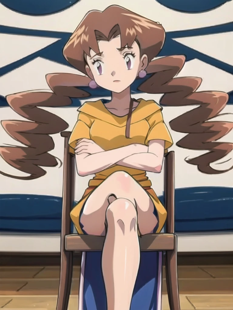 1girl, solo, sitting, looking_down, crossed_legs, crossed_arms, masterpiece, high quality, best quality, Caroline_(pokemon)
