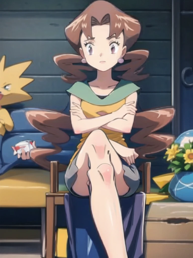 1girl, solo, sitting, looking_down, crossed_legs, crossed_arms, masterpiece, high quality, best quality, Caroline_(pokemon)