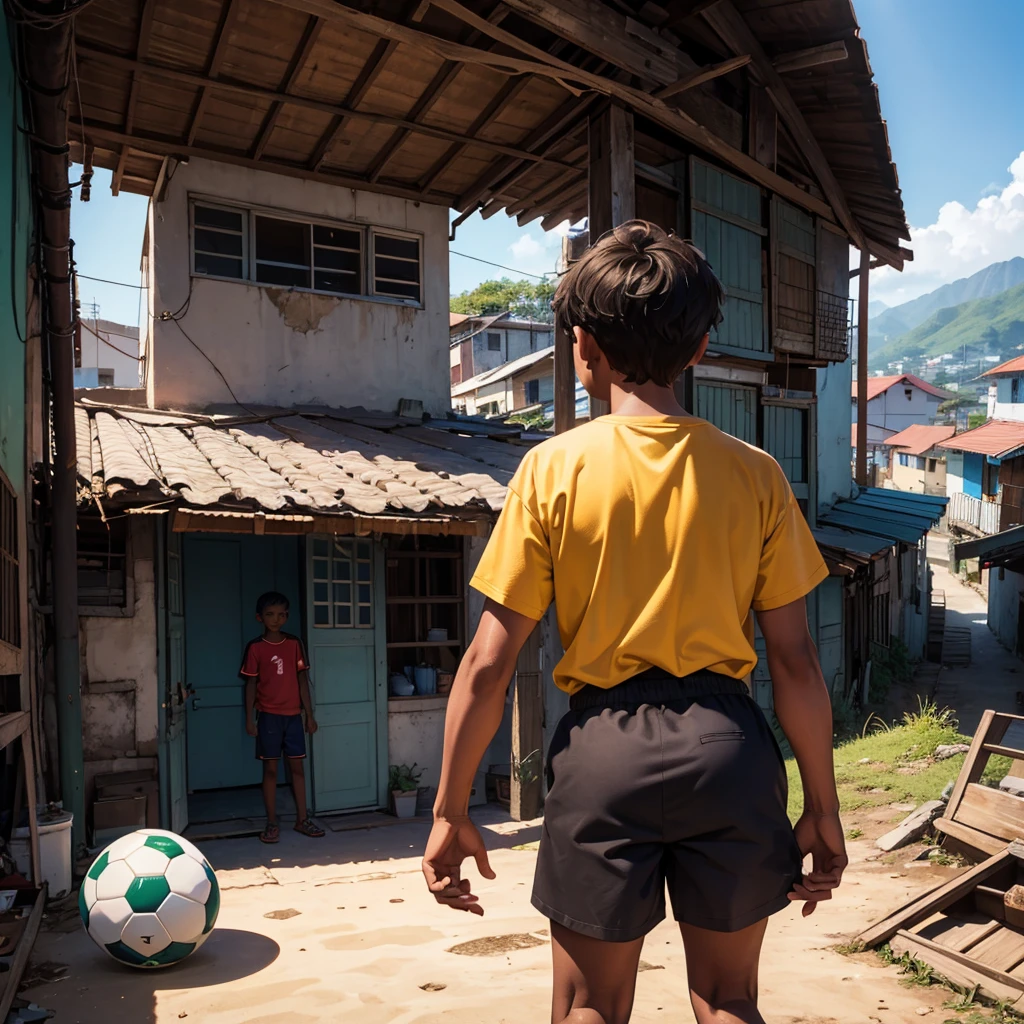Make a high definition drawing-style image with soft, not-so-sharp strokes, depicting a brown-skinned boy from the back, the girl must be holding a soccer ball with one hand at his side. The boy must be looking at a Brazilian favela in the background, with colorful houses stacked on hills, capturing the vibrant atmosphere and reality of the community. The image should not have rich details and vibrant colors, but it must reflect both the hope and the challenges of the environment.