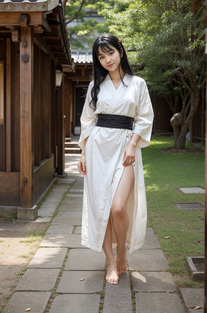 A beautiful shrine maiden stands gracefully in an elegant kimono, Barefoot in sandals、A kimono with a waist-length slit。The colors are a perfect combination of red and white, which are symbols of purity.. Her jet black hair flowed long, well maintained、Shining in the sunlight. His deep, His bright dark eyes radiated calm and wisdom., As if it holds an ancient tale from the past.. Her smooth, symmetrical face、It is decorated with a gentle smile that gives an aura of peace to the viewer.。.