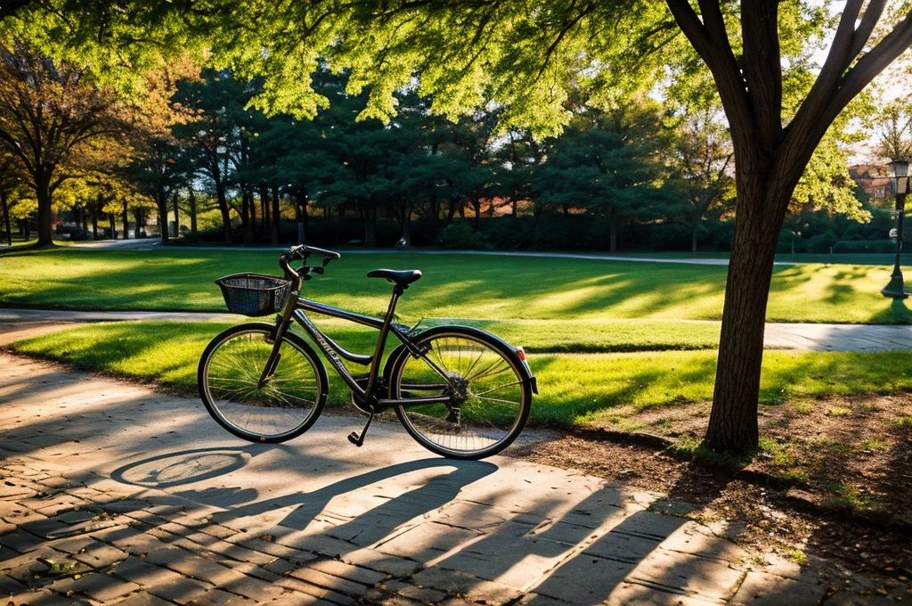 a bicycle parked on a brick path next to a body of water, pexels contest winner, nice spring afternoon lighting, boston massachusetts, morning sun, student