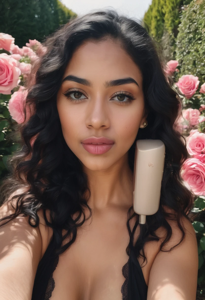 Gritty candid raw selfie, up close selfie, show cleavage, photo of a gorgeous 21 year old woman, with long wavy black hair, big lips, full body, high cheekbones, seductive, curvy, Long wavy hair. Swedish and Egyptian mixed race, realistic skin texture, wearing sexy lingerie, walking in a rose garden, 8am, shot with an iphone 14 pro camera, deep focus, highly detailed, show all surroundings, masterpiece,