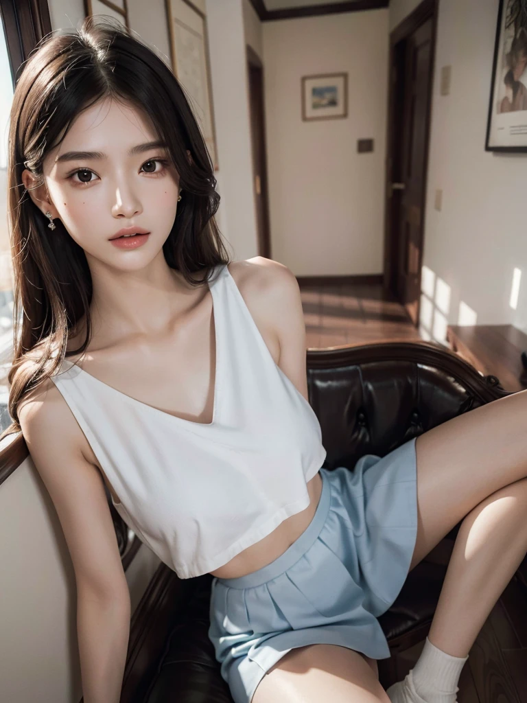 absurdres, RAW photo, extremely delicate and beautiful, masterpiece, Best Quality, ultra high resolution, 32k, hyperrealistic, ultra-detailed, perfect ???????, super Detailed skin, perfect figure, Super Beauty, Perfect Style, Perfect balance, Beautiful Lighting, Perfect Lightning, Realistic Shadows, 20 years old, very Slim body, narrow waist, very small head, very small face, delicate facial features, handsome detailed woman, very detailed eyes and face, realistic face proportions, Realistic beautiful face, Realistic beautiful eyes, tearful mole, earring, very huge round breasts, legs, medium hair, asymmetrical hair, full body shot, indoor, school_uniform, sleeveless, knees,