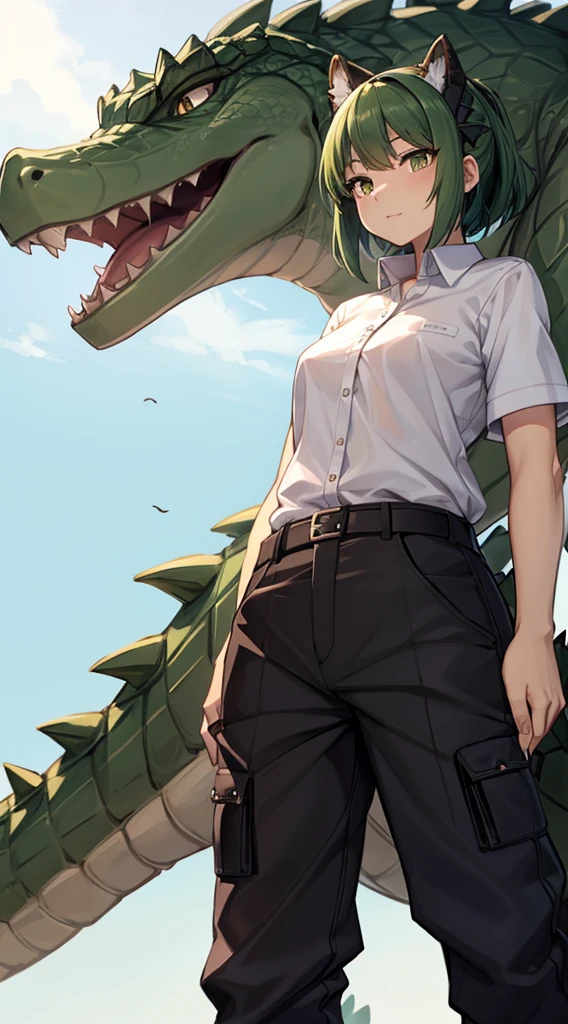Crocodile girl，Crocodile girl，Crocodile tail，Crocodile tail，长着Crocodile tail的女孩，Dark green hair，Dark green hair，trousers，black色牛仔裤，Standing posture，black，Crocodile tail，Close-up above the waist，Limbs covered with crocodile skin，鳄鱼paw，paw