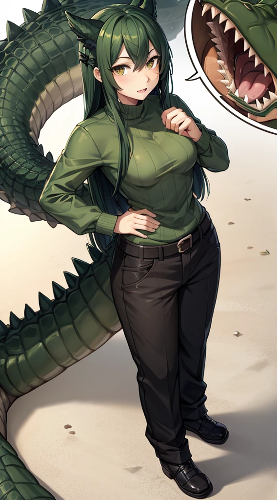 Crocodile girl,Crocodile girl,Crocodile tail,Crocodile tail,长着Crocodile tail的女孩,Dark green hair,Dark green hair,trousers,black色牛仔裤,Standing posture,black,Crocodile tail,Close-up above the waist,Limbs covered with crocodile skin,鳄鱼paw,paw