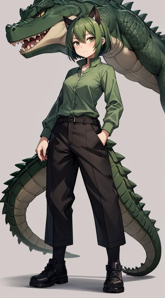 Crocodile girl,Crocodile girl,Crocodile tail,Crocodile tail,长着Crocodile tail的女孩,Dark green hair,Dark green hair,trousers,black色牛仔裤,Standing posture,black,Crocodile tail,Close-up above the waist,Limbs covered with crocodile skin,鳄鱼paw,paw