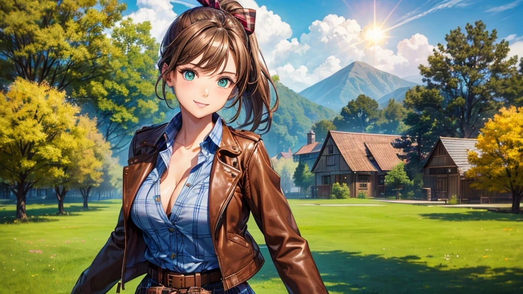 1girl, solo, village house, trees, sun, clouds, ((brown hair)), ponytail, large breasts, ((brown leather jacket)), button down shirt, ((blue checked shirt)), ((unbuttoned shirt)), unbuttoning buttons, cleavage 1:3, green eyes, long skirt, brown boots, smile, happy, looking at the viewer, standing, hair ribbon, golden necklate, wind