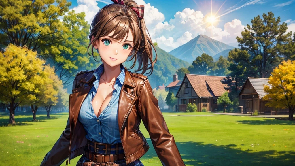 girl, solo, village, trees, sun, clouds, ((brown hair)), ponytail, large breasts, ((brown leather jacket)), button down shirt, ((blue checked shirt)), ((unbuttoned shirt)), unbuttoning buttons, cleavage 1:3, green eyes, long skirt, brown boots, smile, happy, looking at the viewer, standing, hair ribbon, golden necklate