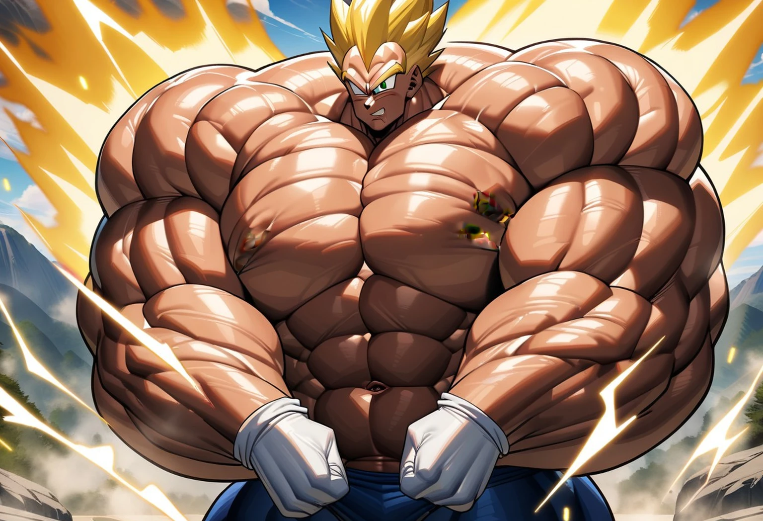 1boy, Vegeta, from Dragon Ball Z, masterpiece, best quality, very aesthetic, absurdres, saiyan, green eyes, spiked hair, (yellow hair:1.5), shirtless, blue skintight pants, white gloves, (huge muscles:2.5), dragonballartstyle, in the style of Akira Toriyama, white tiled floor, outdoors, flat-top mountains, nipples, yellow aura, electricity, (remove covered part:2)