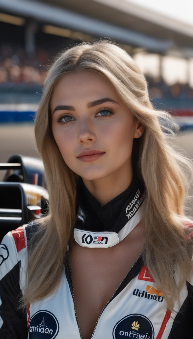 racer jumpsuit, ((black shirt)), formula 1 pilot, (full body, ultra-detailed), laying next to a formula 1 racing car, in front of the camera, ((perfect eyes, detailed eyes,realistic eyes)), (masterpiece, best quality, ultra-detailed, best shadow), high contrast, (best illumination), ((cinematic light)), colorful, hyper detail, dramatic light, intricate details, (1 girl, solo) , ultra detailed artistic photography, dreamy, backlit, shadows, ultra high definition, 8k, ultra sharp focus, ultra high quality model, soft lighting, film photography, analogue photography, hyperrealism,, ((sharp face, detailed face, realistic face, natural skin, realistic skin, detailed skin, pores)), very large breast, 25 years old very beautiful american girl, long straight blonde hair, expose cleavage, smiling