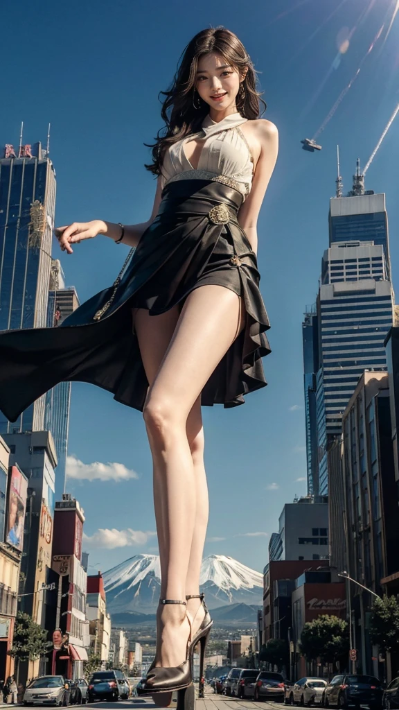 ground view，giantess city,A huge girl who is 500 feet tall.，skyscrapers,I have incredibly long legs,stepping through the crowd，many people on the street,a pair of huge tits，Princini Skirt,black silk socks，He has black hair that reaches his waist.，Wearing Mary Jane heels，looking happy，standing on the ruins，beautiful appearance，exquisite makeup，quality，8k，高quality，perfect proportions, Cinema Lighting，film grain，The colors of Mt. Fuji，8k，textured skin，super detail，high detail，high quality，high resolution，To explode，fake laugh