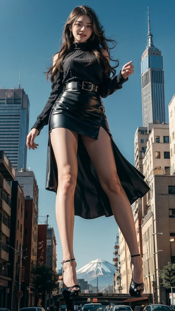 ground view，giantess city,A huge girl who is 500 feet tall.，skyscrapers,I have incredibly long legs,stepping through the crowd，many people on the street,a pair of huge tits，Princini Skirt,black silk socks，He has black hair that reaches his waist.，Wearing Mary Jane heels，looking happy，standing on the ruins，beautiful appearance，exquisite makeup，quality，8k，高quality，perfect proportions, Cinema Lighting，film grain，The colors of Mt. Fuji，8k，textured skin，super detail，high detail，high quality，high resolution，To explode，fake laugh