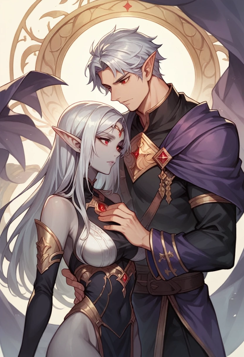 1guy,Ultra Detailed, Beautiful Beauty, Beautiful, Masterpiece, Best Quality, Elf, Epic, Fantasy, ashen grey skin, long silver hair, mage, red eyes, black and deep purple robes, shadow magic.