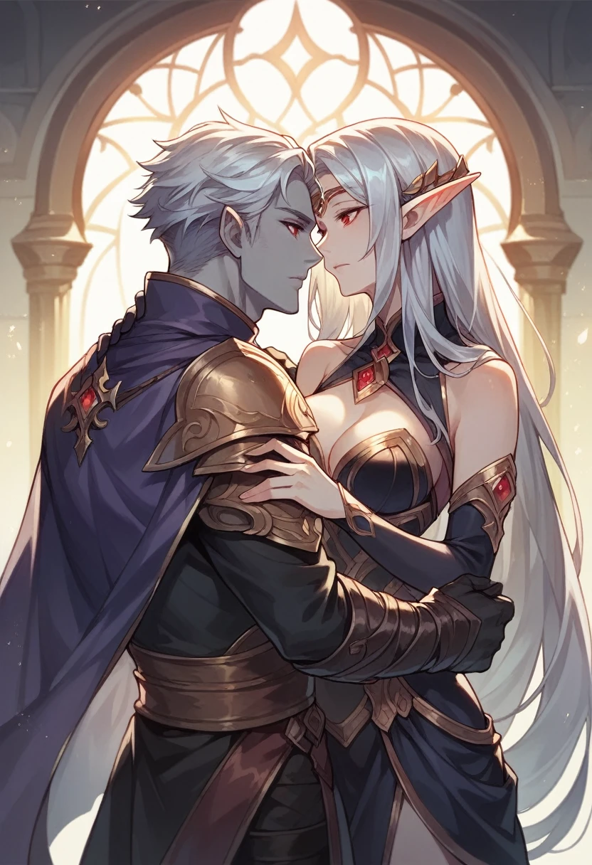 1guy,Ultra Detailed, Beautiful Beauty, Beautiful, Masterpiece, Best Quality, Elf, Epic, Fantasy, ashen grey skin, long silver hair, mage, red eyes, black and deep purple robes, shadow magic.